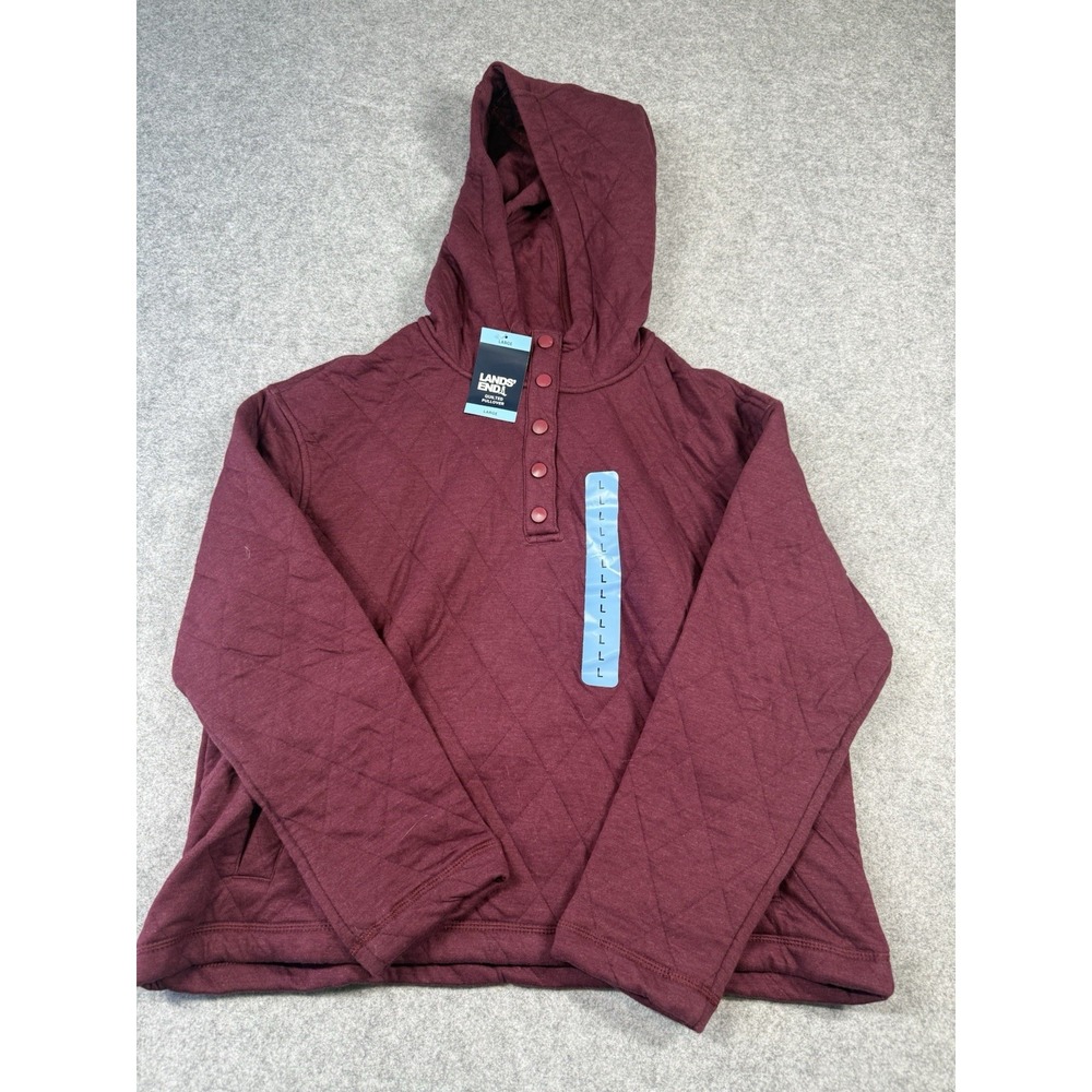 Lands End Womens L 12-14 Quilted Hoodie Burgundy Snap Neck Pullover NWT
